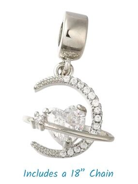 Silver Moon and Heart Planet Orbit Pendant Necklace CZ Gem Stainless Steel 18”